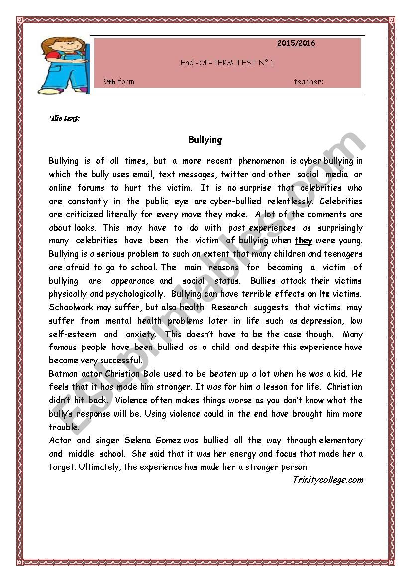 Reading comprehension for 9th grade - ESL worksheet by Cindybindy
