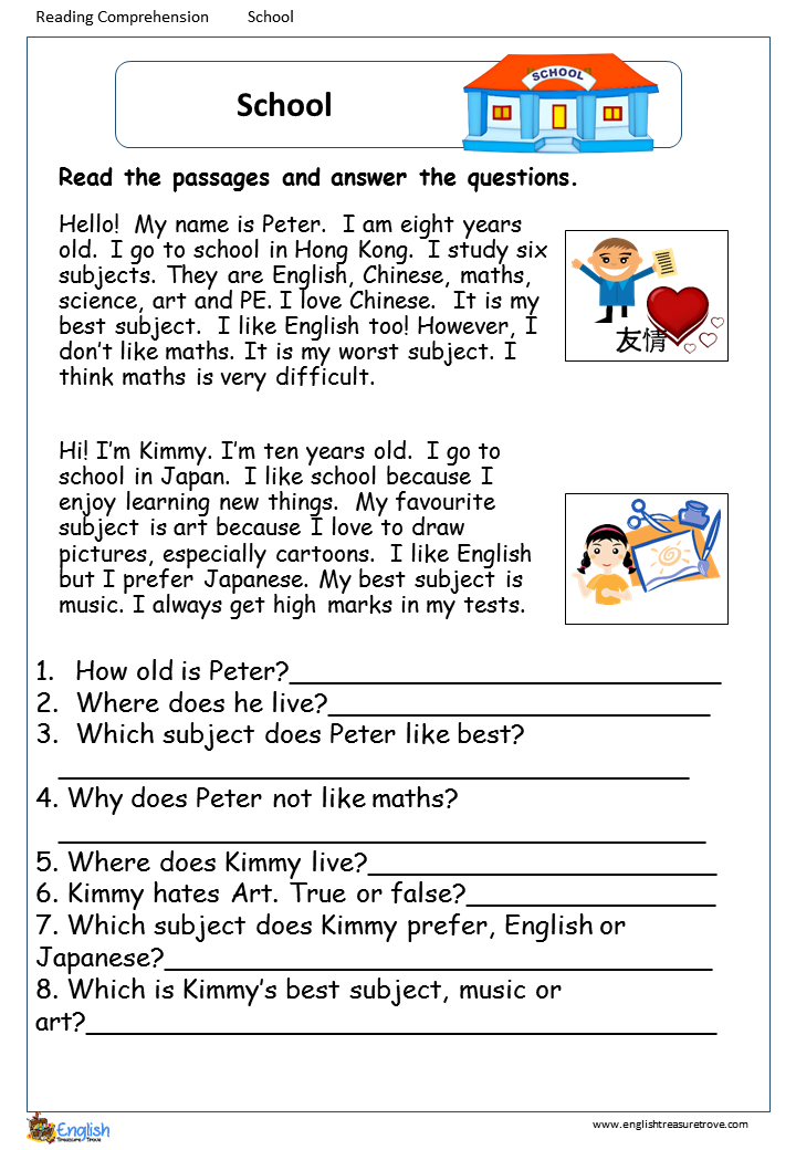 School English Comprehension Worksheet - English Treasure Trove