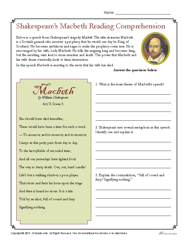 reading comprehension worksheet high school printable free