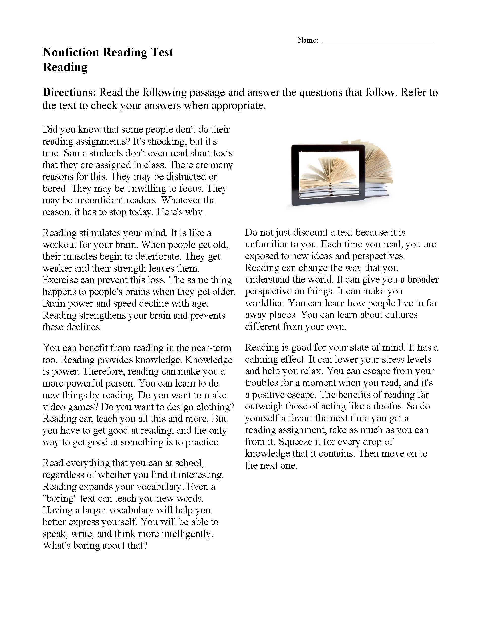 reading comprehension worksheet middle school pdf