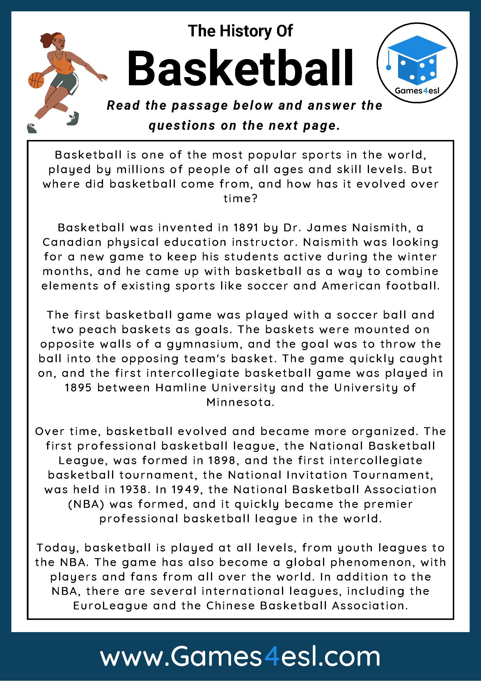 Basketball Reading Comprehension Worksheet | Games4esl