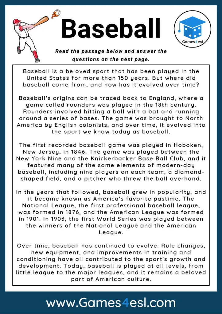Baseball Reading Comprehension Worksheet | Games4esl