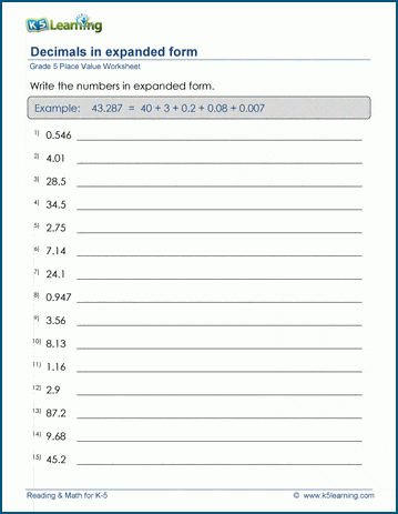 Decimal numbers in expanded form worksheets | Worsheets library