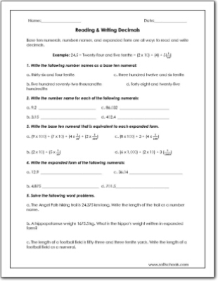 Reading &  Writing Decimals Worksheet