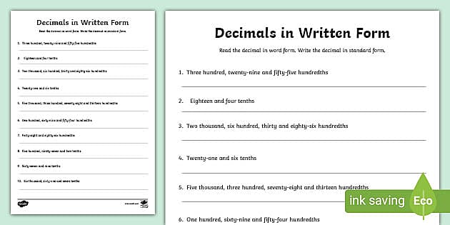 reading decimals worksheet