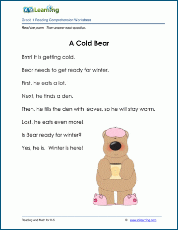 A Cold Bear - Grade 1 Childrens Story | Worsheets library