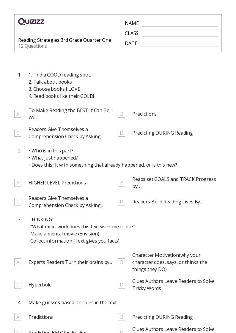 reading skills and strategies worksheet