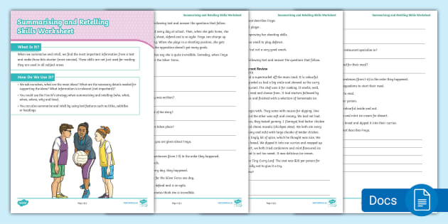 Reading Comprehension Skills: Summarising and Retelling Worksheet ...