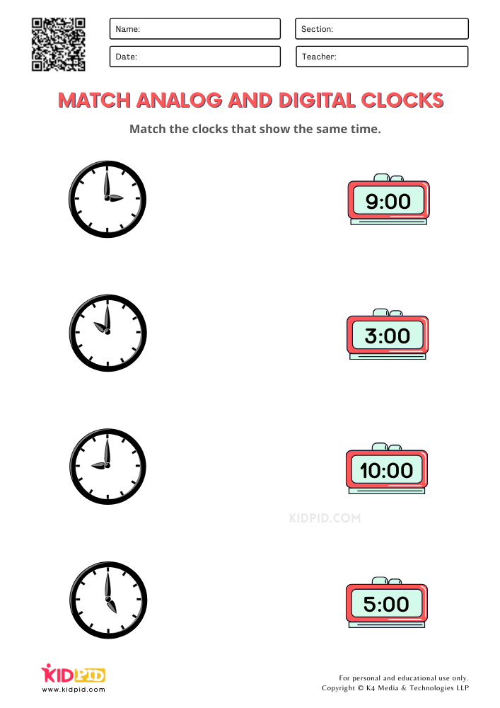 Match Analog &  Digital Clocks Time Worksheets for Grade 1 - Kidpid