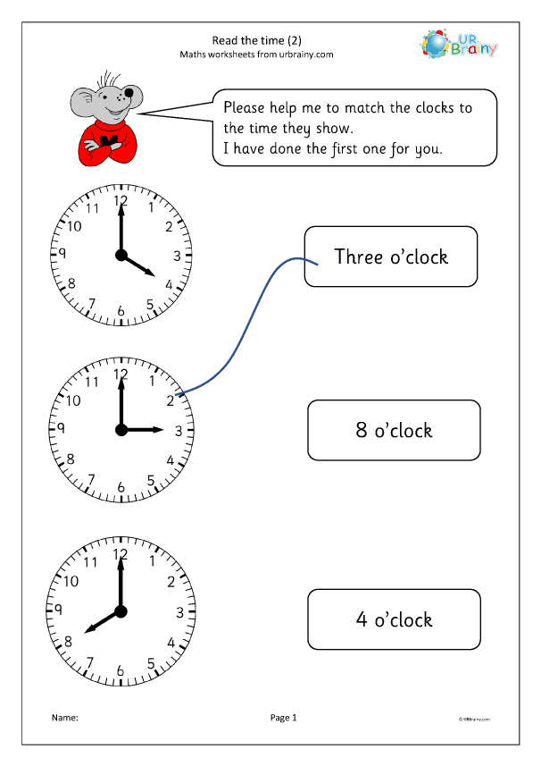 Read the time 2 - Time worksheets for Year 1 (age 5-6) by URBrainy.com