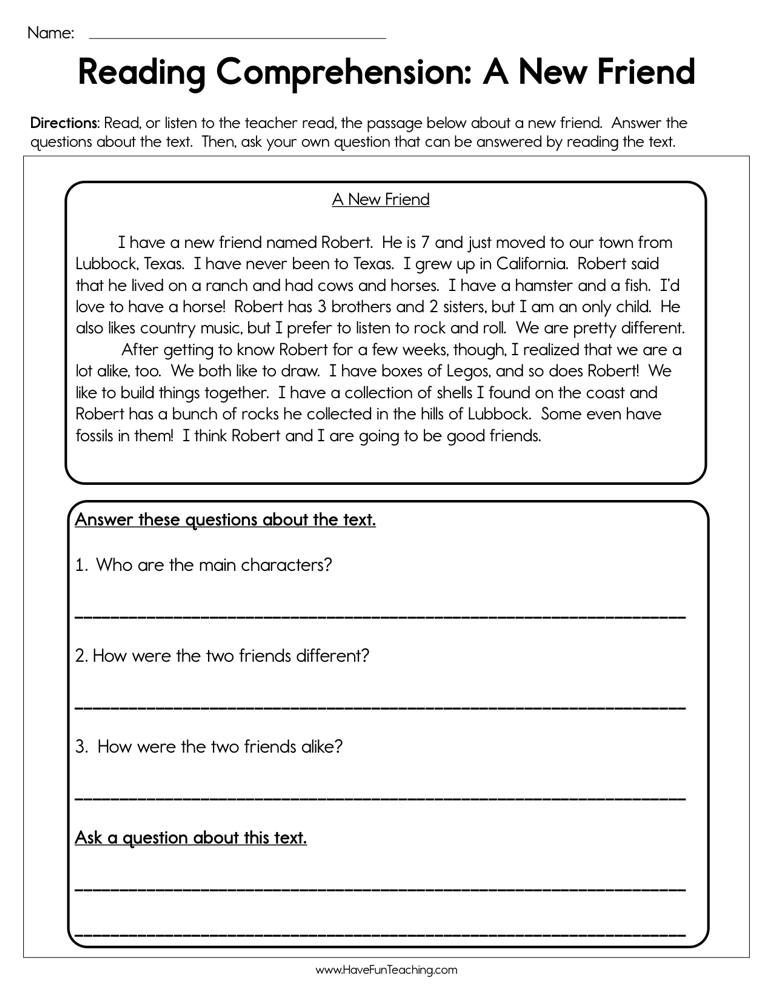A New Friend Reading Comprehension Worksheet  