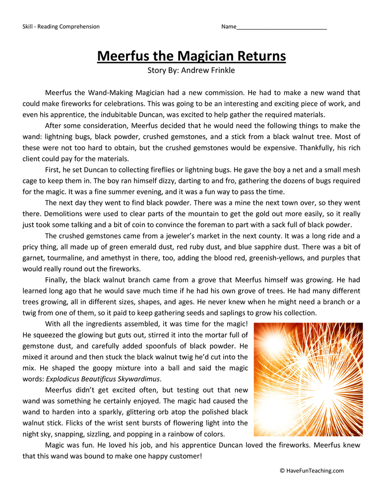 Meerfus the Magician Returns Reading Comprehension Worksheet by ...