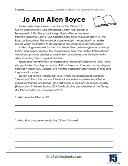 reading worksheet 8th grade