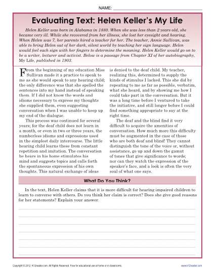 Evaluating Text: My Life | 8th Grade Reading Comprehension Worksheets