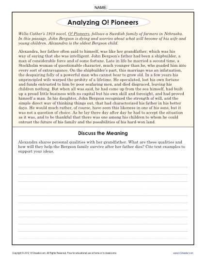 Analyzing O! Pioneers | 8th Grade Reading Comprehension Worksheets