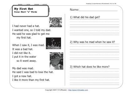 My First Hat | 1st Grade Reading Comprehension Worksheet Wk 21