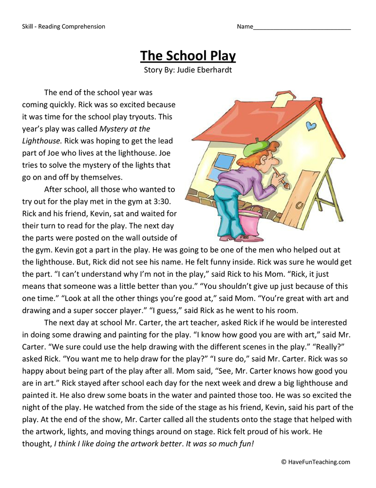 The School Play Reading Comprehension Worksheet  
