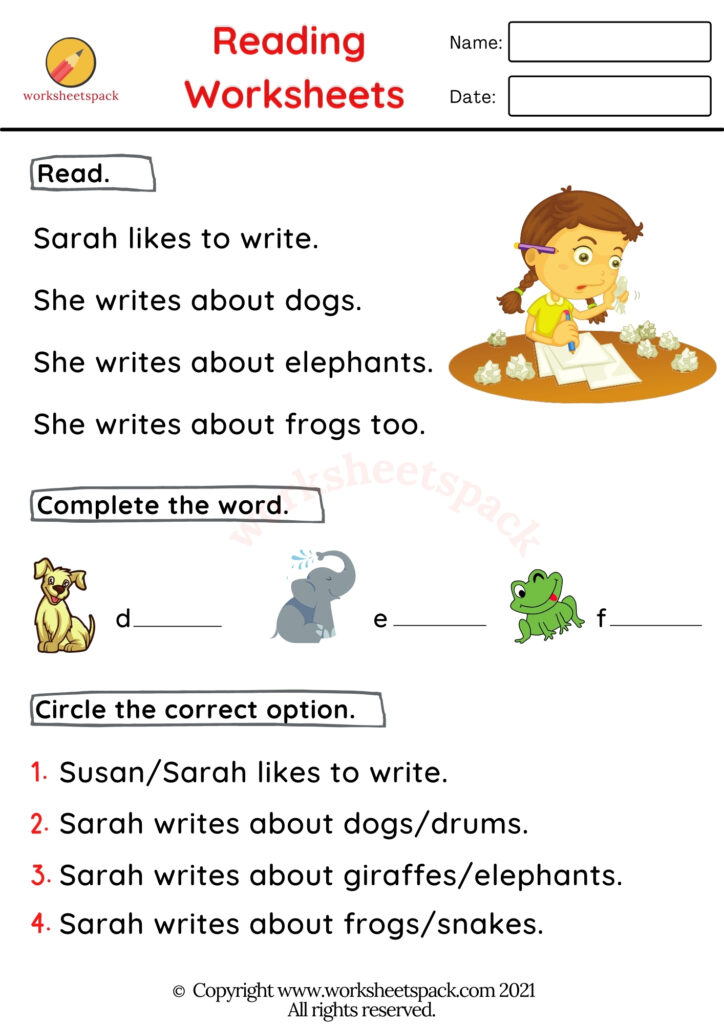 reading worksheet for kindergarten for