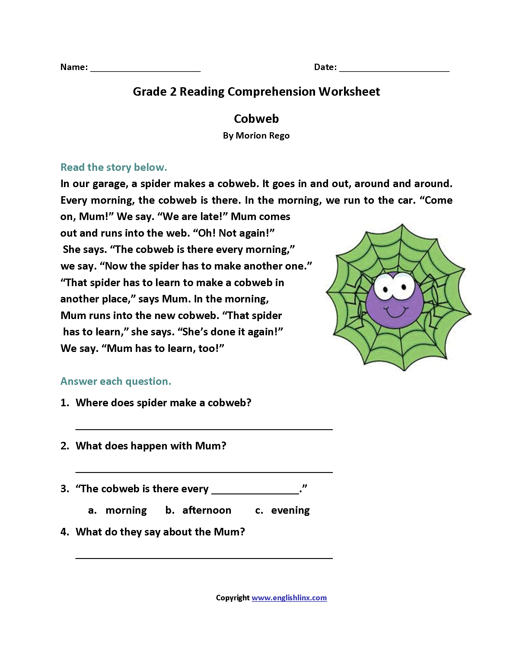 reading worksheet for second graders