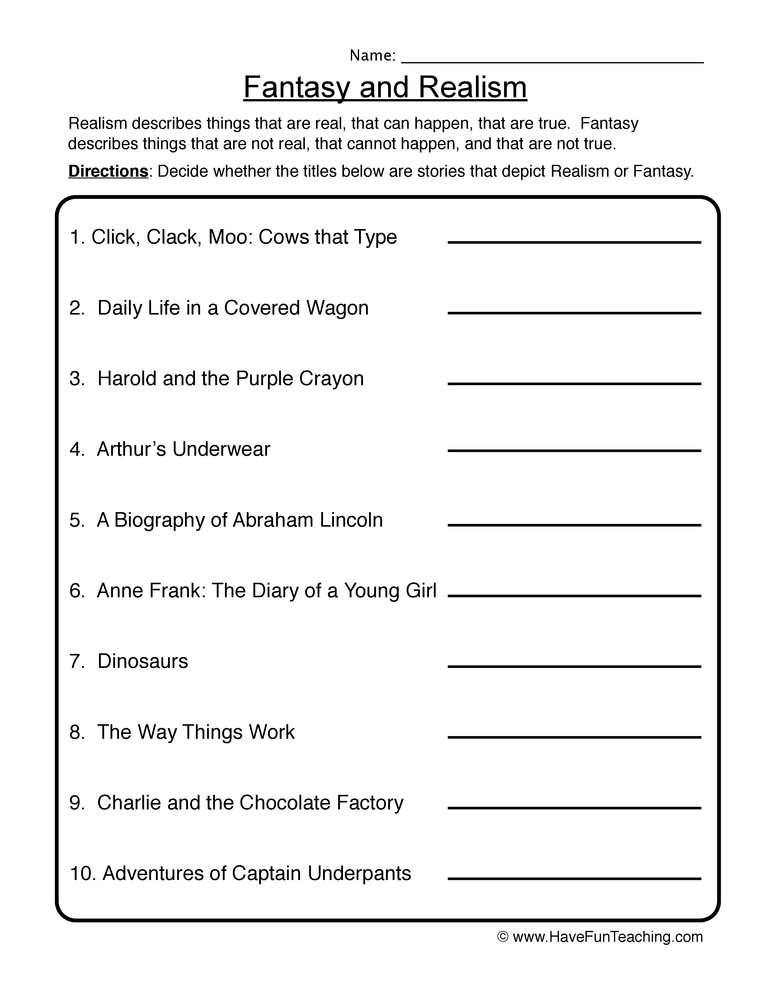 reality and fantasy worksheet