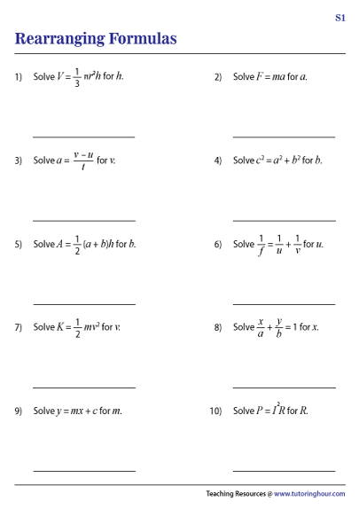 Rearranging Formulas Worksheet