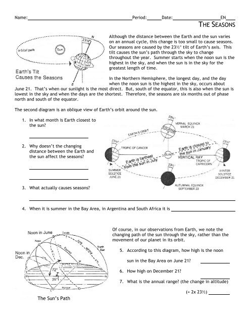 reasons for seasons worksheet answers