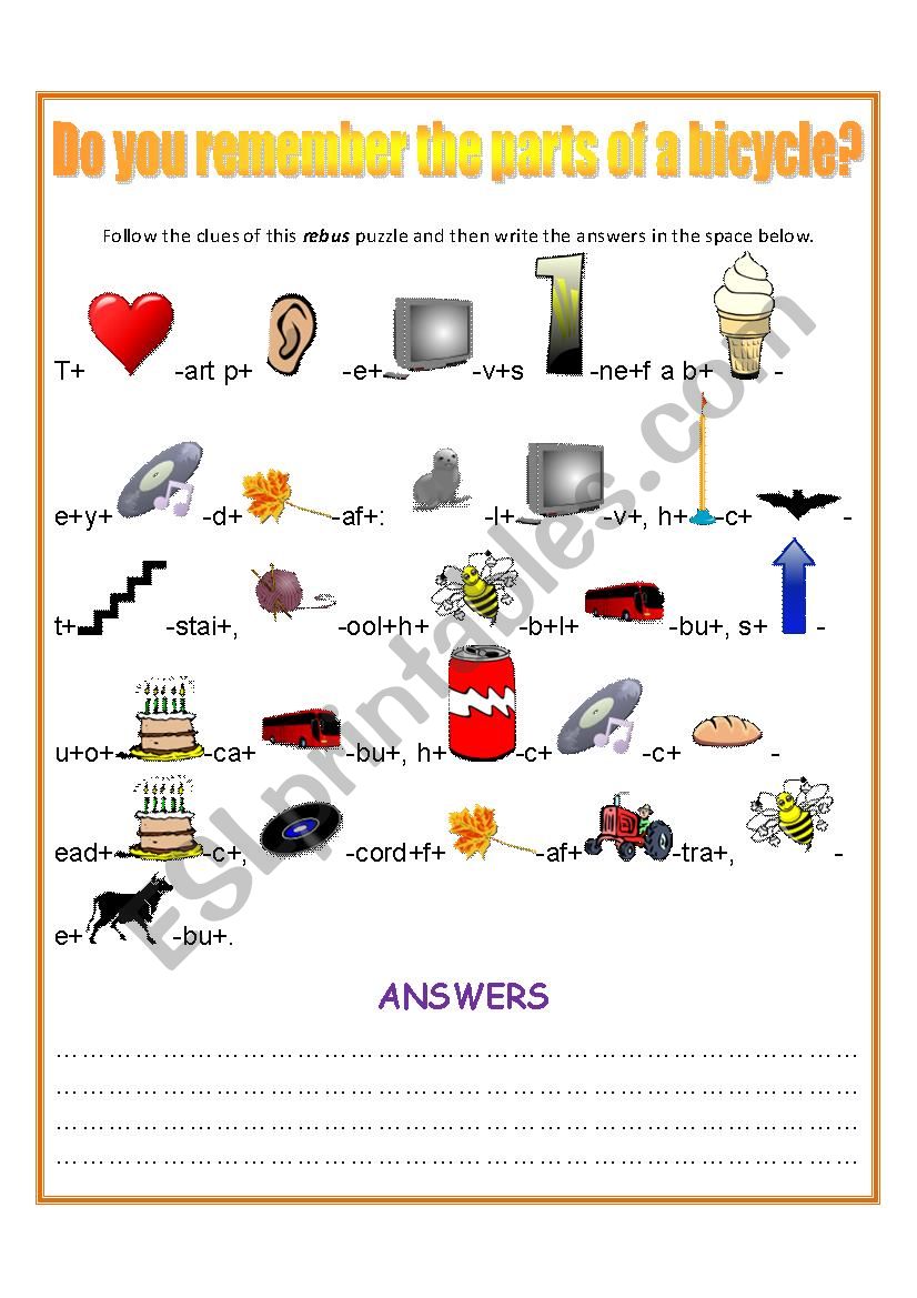 Parts of a bicycle, rebus puzzle - ESL worksheet by Renda
