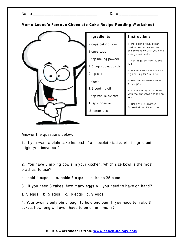 recipe worksheet with questions