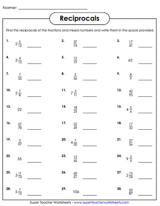 Reciprocal Fraction Worksheets