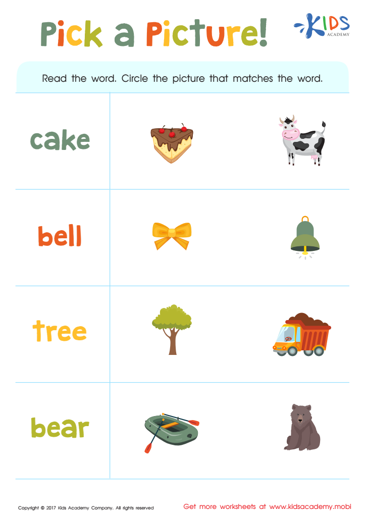 Pick a Picture Word Recognition Worksheet: Free Printable for Kids
