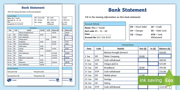 Bank Statement Worksheet (Lehrer gemacht) - Twinkl