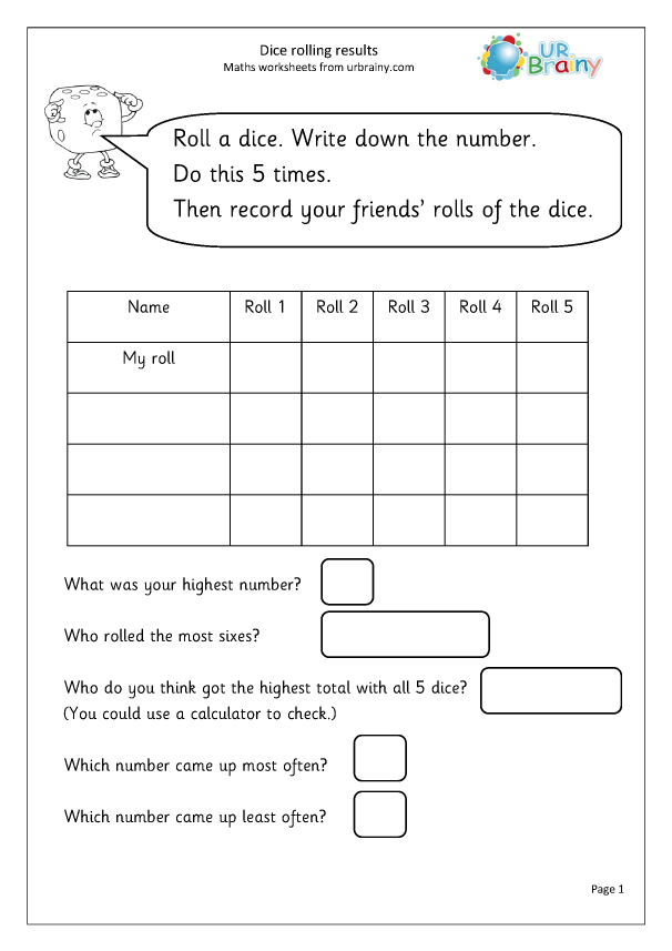 Dice results - Statistics (Handling Data) Maths Worksheets for ...