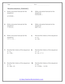 Recursive Sequence Worksheets