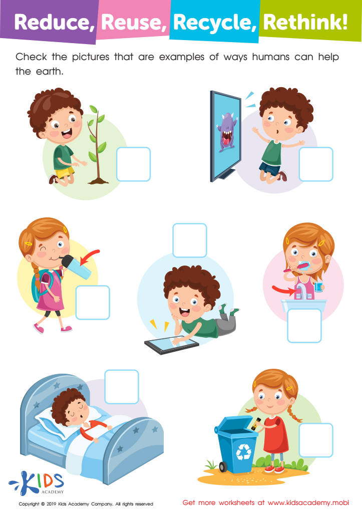 Reduce, Reuse, Recycle, Rethink Worksheet for kids