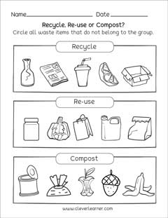 Preschool science worksheets on Waste Management, great for Earthday!