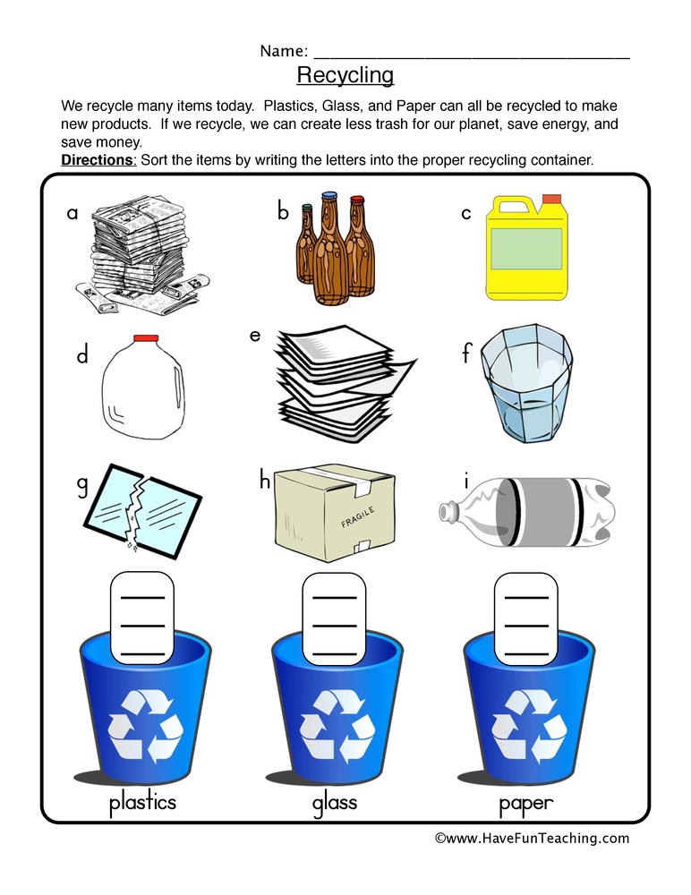 recycling worksheet for kids