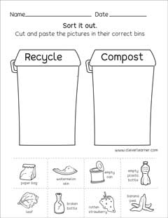 Preschool science worksheets on Waste Management, great for Earthday!