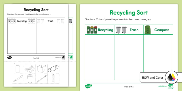 Recycling Sort Cut and Paste Activity for K-2nd Grade