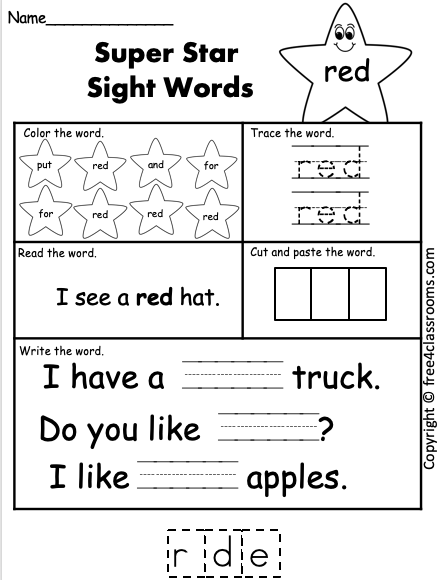 Free Sight Word Worksheet - (red) - Free Worksheets - Free4Classrooms