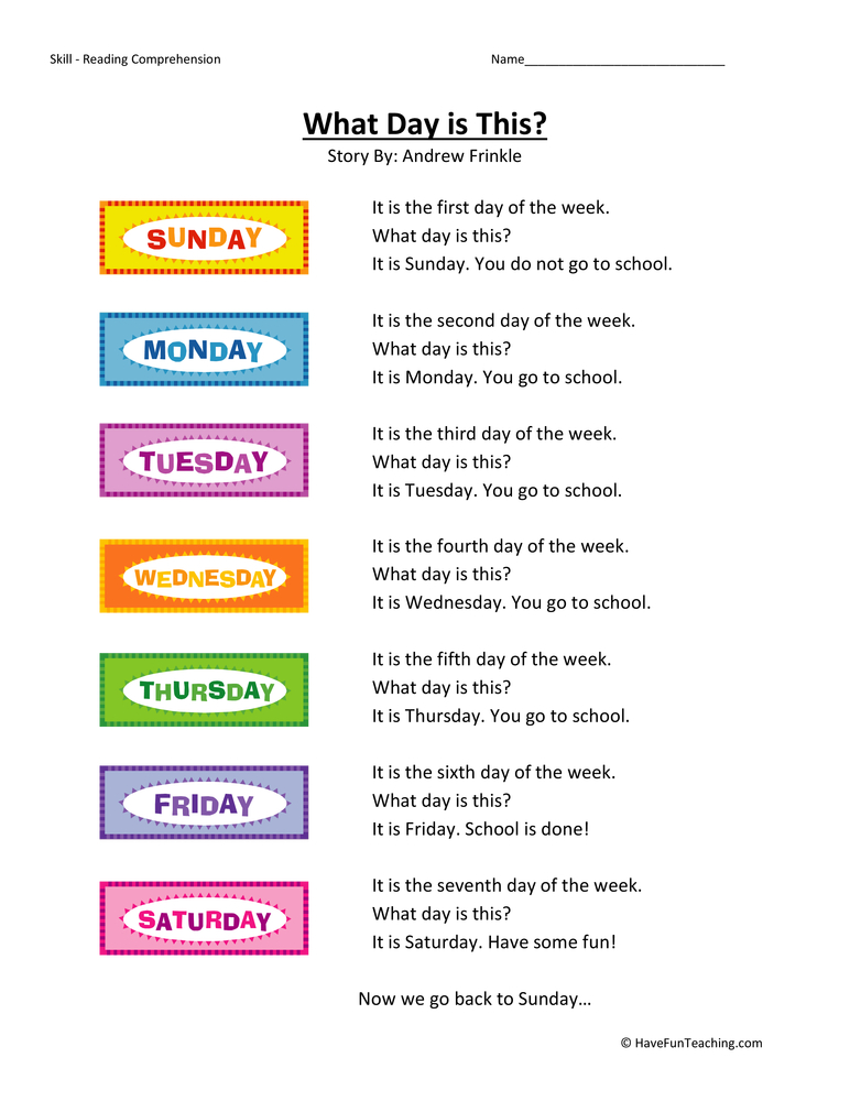 What Day is This Reading Comprehension Worksheet  