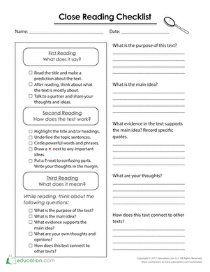 Close Reading Checklist | Worksheet 