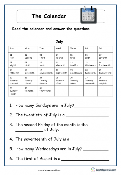 The Calendar English Reading Worksheet - English Treasure Trove