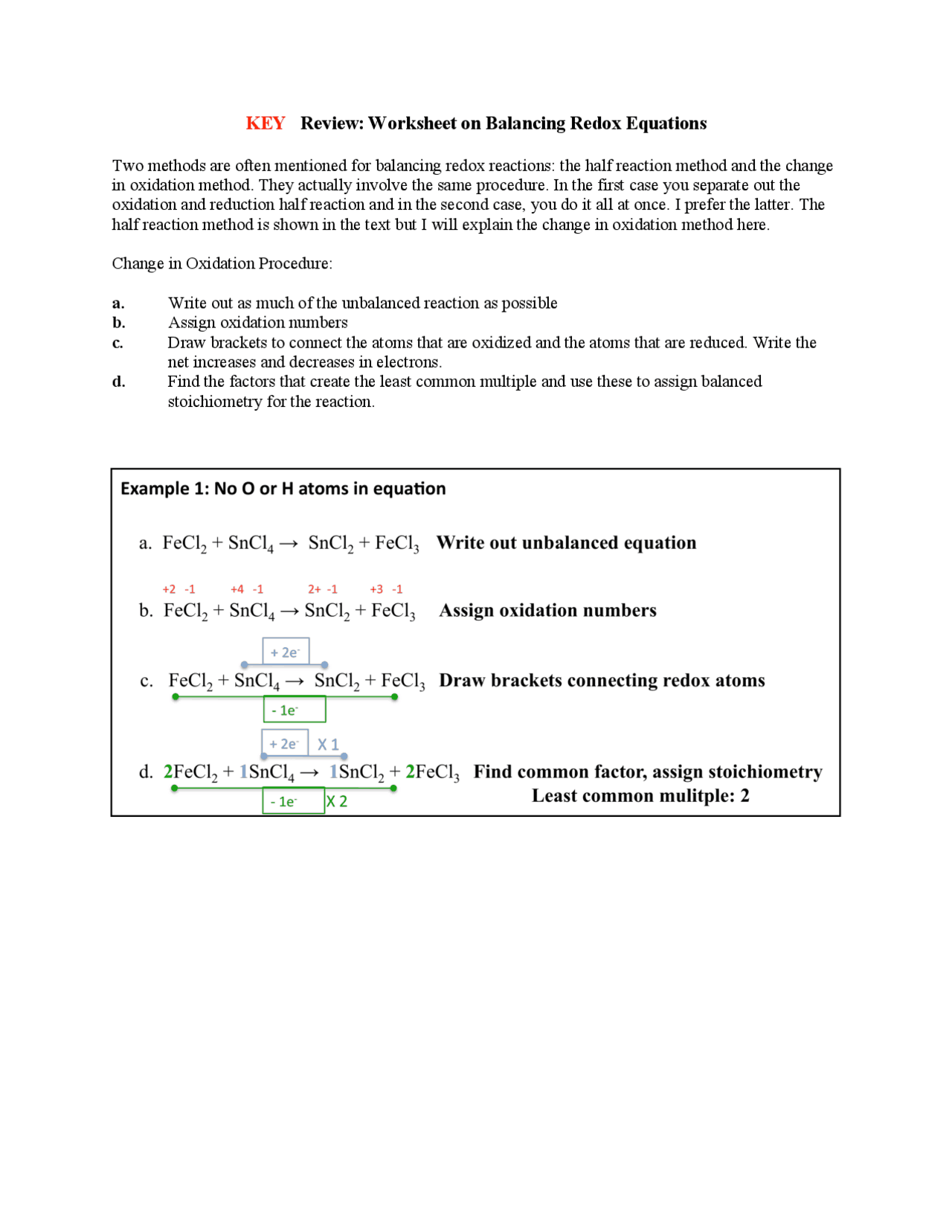 KEY Review Worksheet on Balancing Redox Equations Study notes