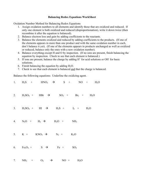 redox reactions worksheet
