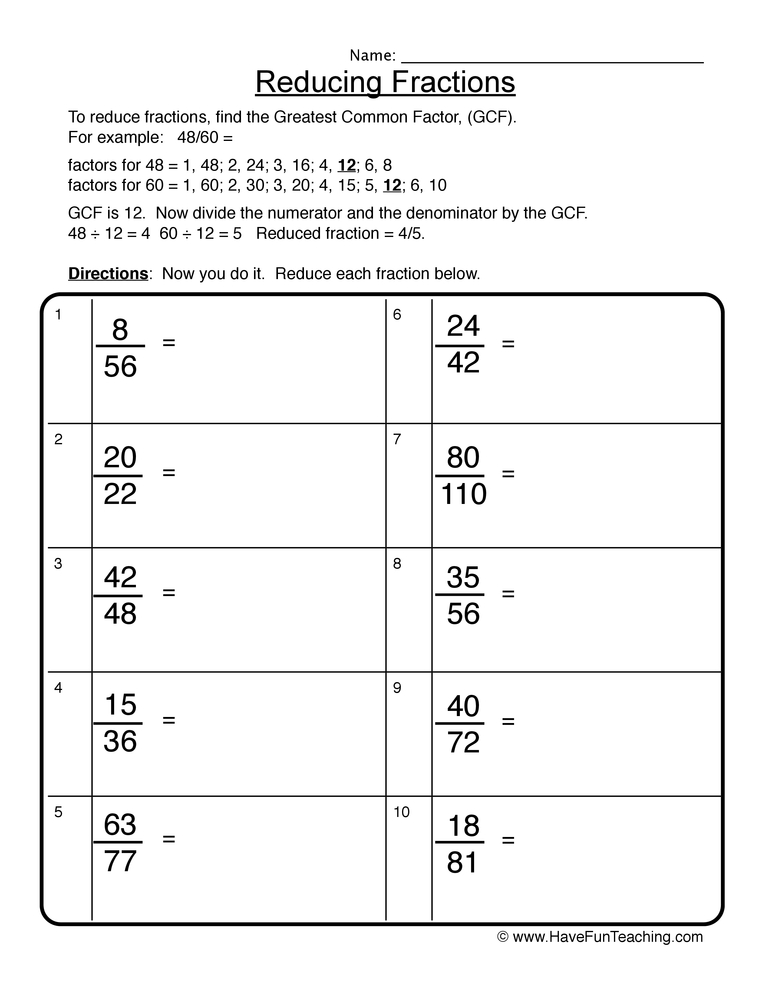 Reducing Fractions Worksheet  