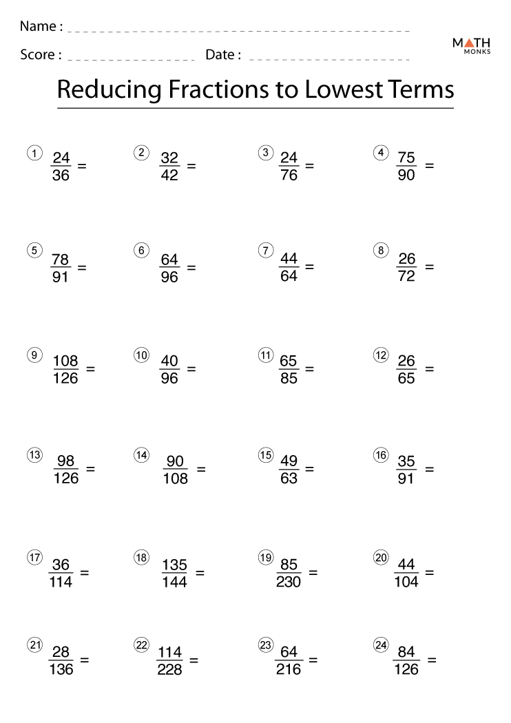 reducing fractions printable worksheet