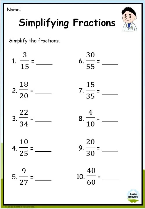 reducing fractions worksheet 4th grade