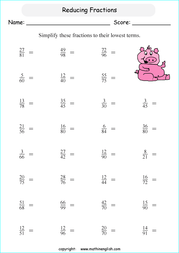 reducing fractions worksheet 6th grade