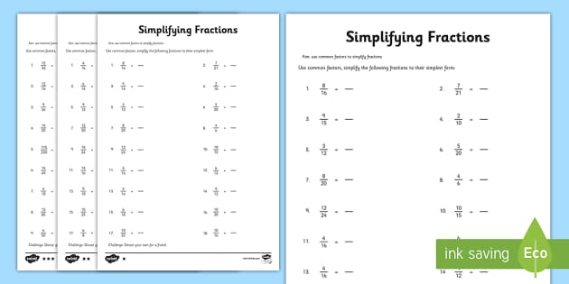 Simplifying Fractions Worksheet | Fractions in Simplest Form