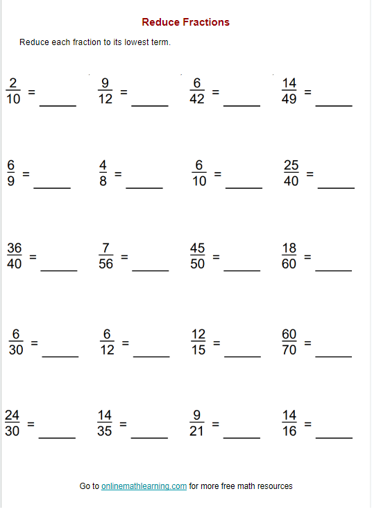 reducing fractions worksheet free